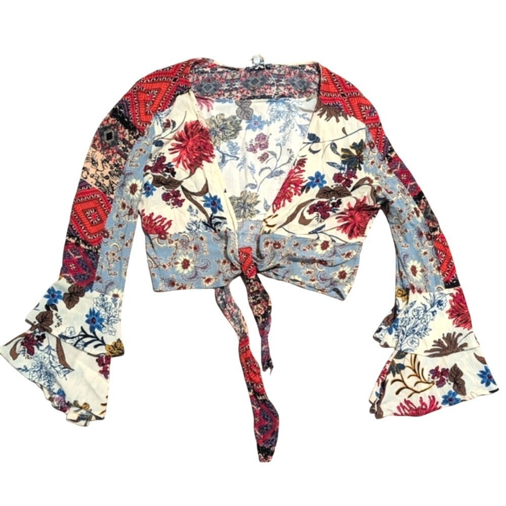 Umgee Tie Crop M Medium Top Bell Sleeve Boho Floral Hippie Patchwork Shrug Shirt